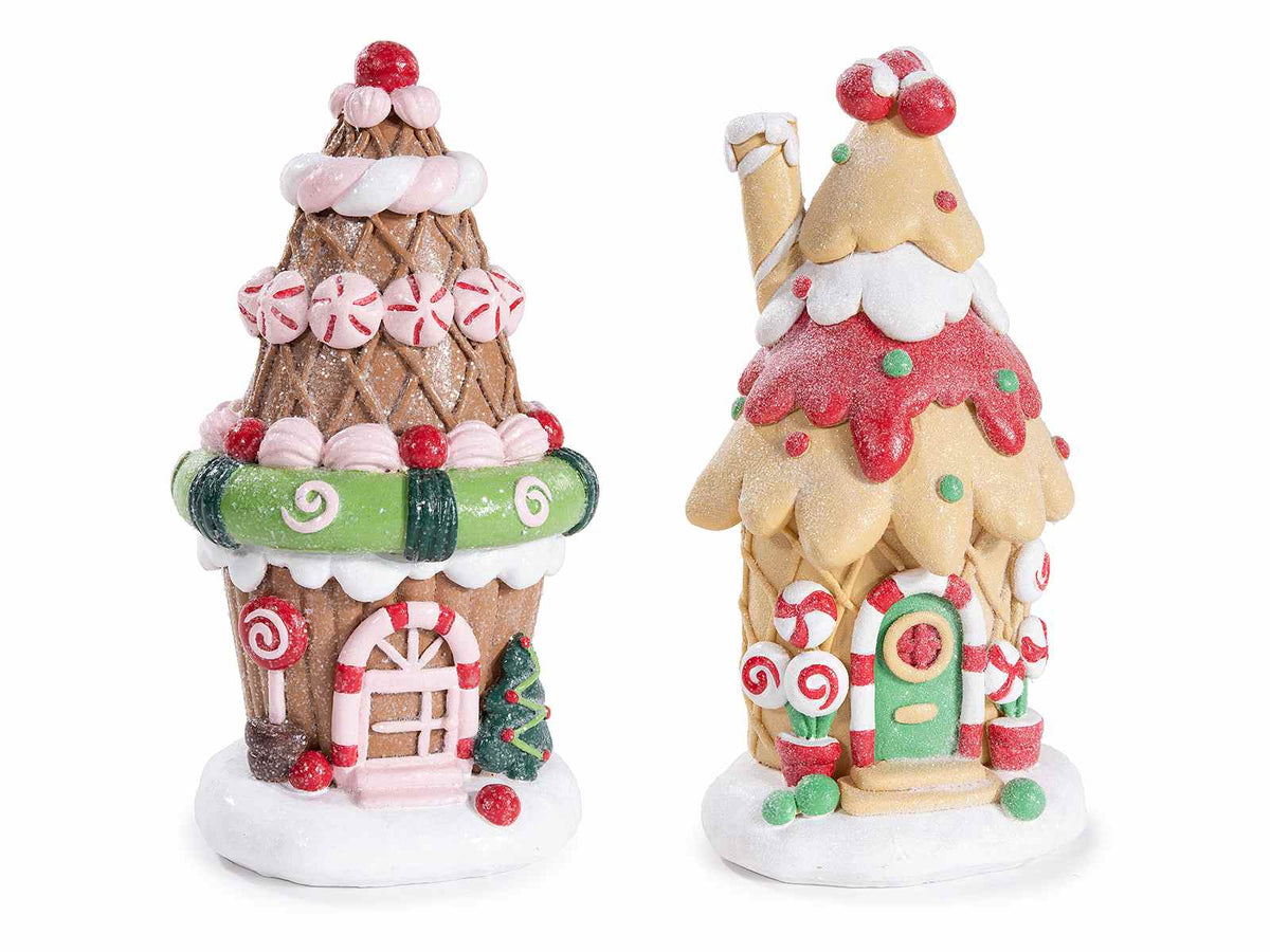 Decorazione natalizia a casetta dei dolci pan di zenzero ad effetto zucchero, set da 2 pezzi, cm 10,5 x 9,5 x 21 H