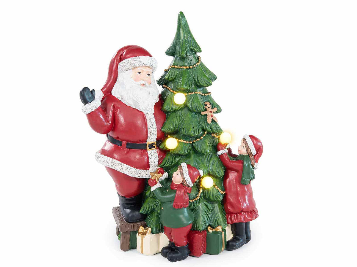 Decorazione natalizia a Babbo Natale con albero, bambini e pacchi dono con luci, cm 15 x 10,5 x 19,5 H