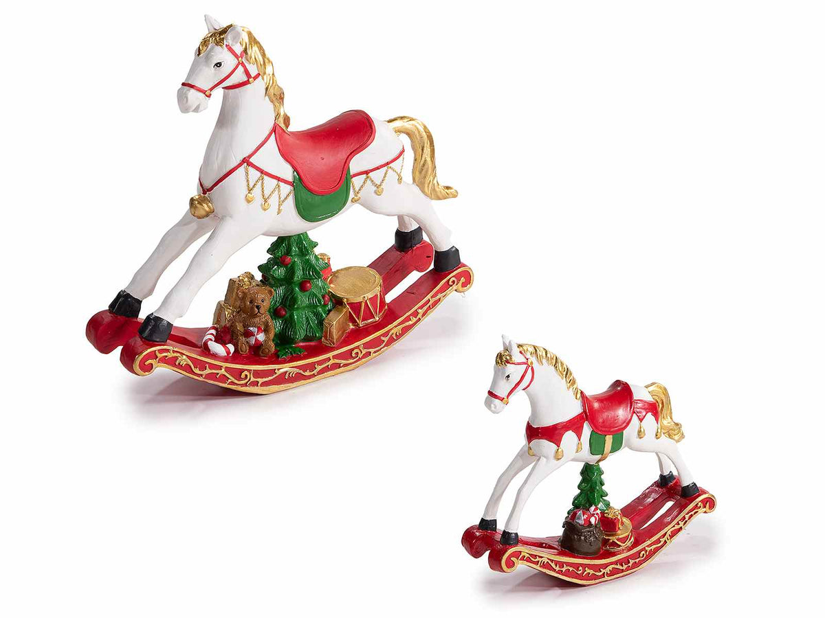 Decorazione di Natale a cavalluccio a dondolo in resina colorata con alberello, Grande: cm 20 x 5 x 18,5 H