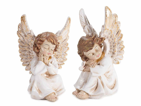 Angioletti di Natale in resina colorata con dettagli dorati da appoggiare, set da 2 pezzi, cm 9,5 x 8,5 x 16 H