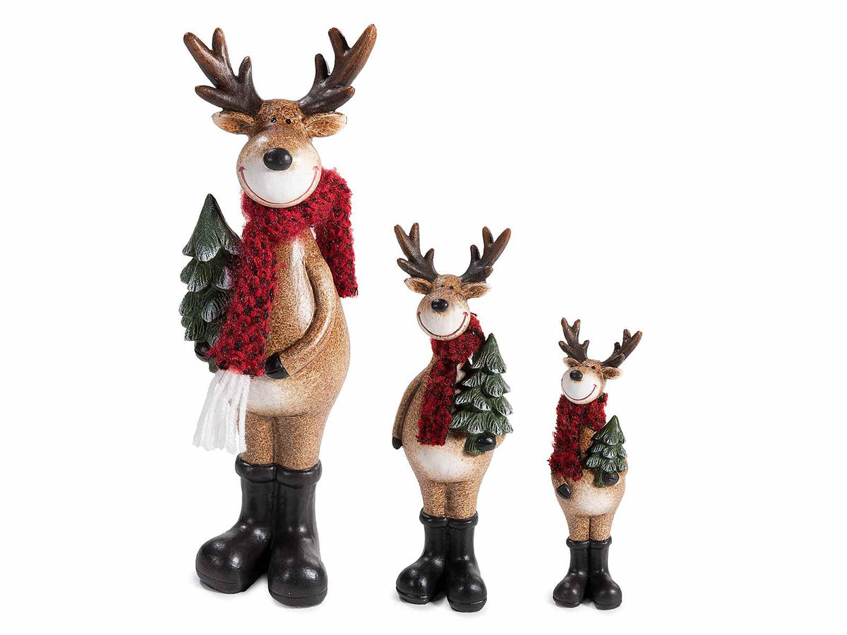 Renne di Natale realizzate in renne resina colorata con sciarpa e albero, Grande: cm 9,5 x 9 x 29,5 H
