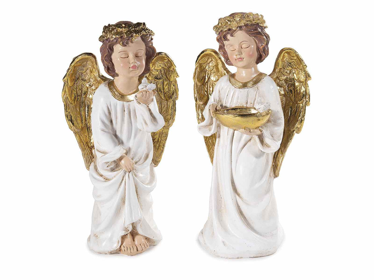 Angeli decorativi di Natale in resina con ali e corona dorati da appoggiare, set da 2 pezzi, cm 16 x 13 x 31 H
