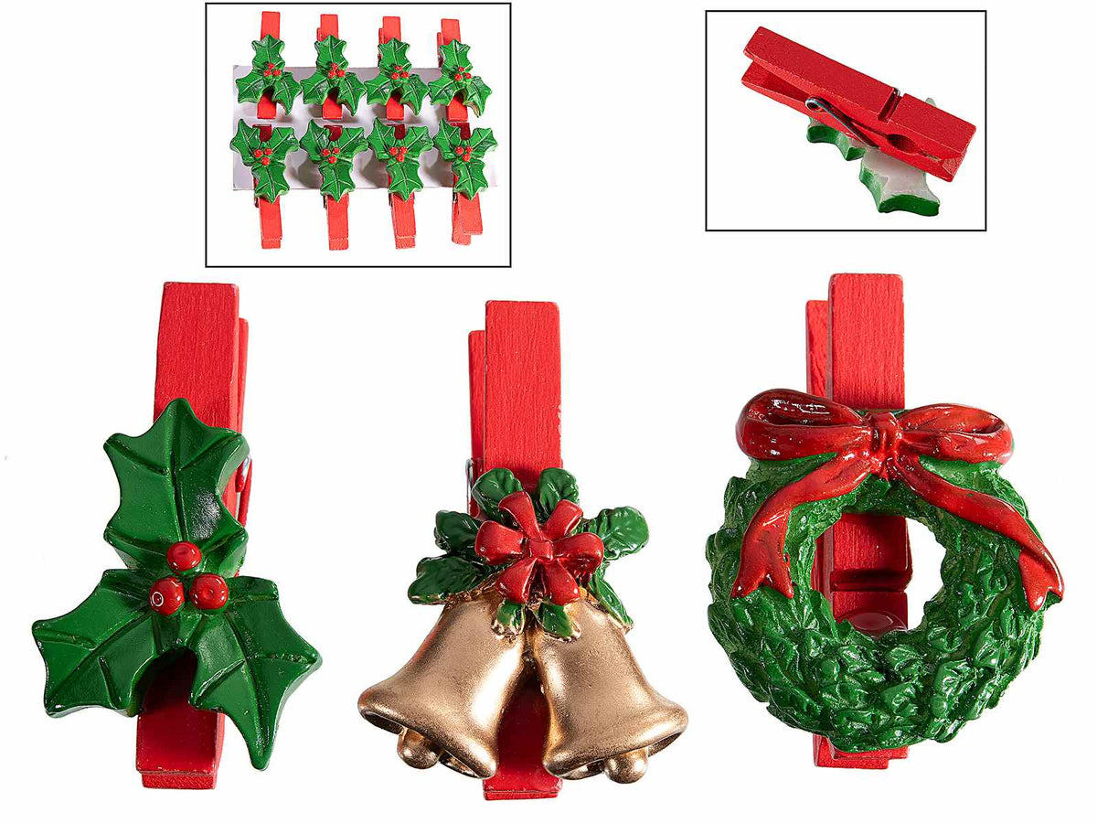 Mollettine da confezione natalizie in legno con decorazione campanelle, set da 6 pezzi, cm 3 x 4,5 H