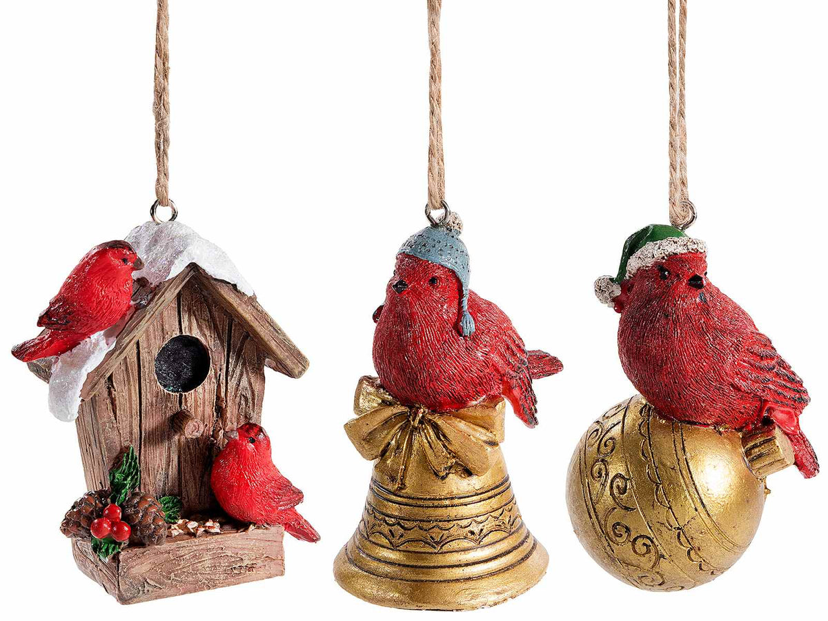 Addobbi albero di Natale in resina colorata da appendere con uccellini natalizi, set da 9 pezzi, cm 5 x 6,5 x 8,5 H