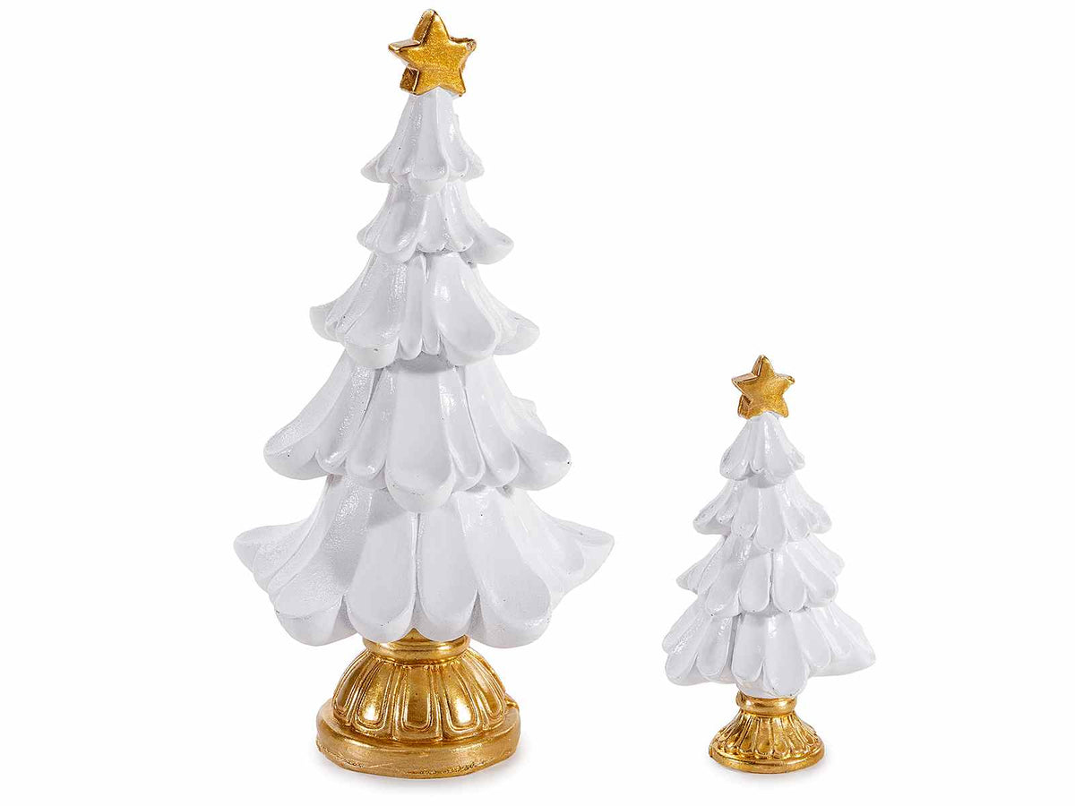 Alberi decorativi di Natale bianchi con stella e base in oro, da appoggiare, set da 4 pezzi, Grande: Ø 8,5 cm x 16,5 H