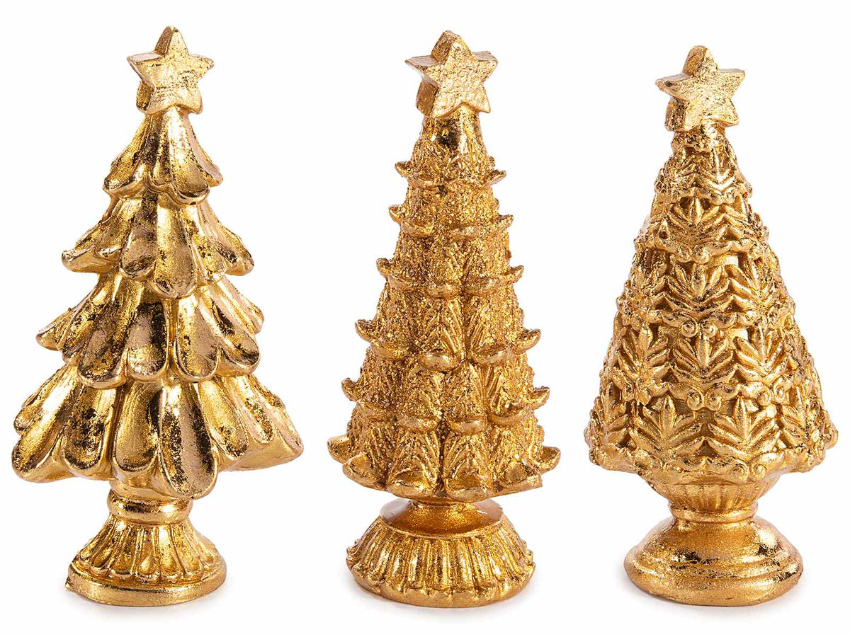 Set di 12 decorazione alberi di Natale in resina dorata con stella e addobbi, da appoggiare in set, Ø 4,5 cm x 9,5 H