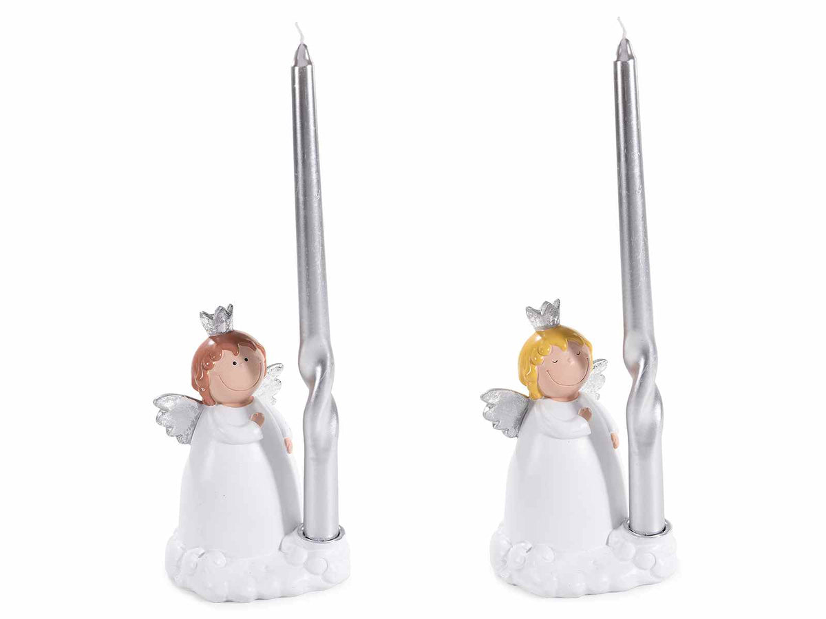 Portacandela ad angelo di Natale in resina con decori argento e candela a stelo, set da 4 pezzi, cm 12 x 11,5 x 17 H