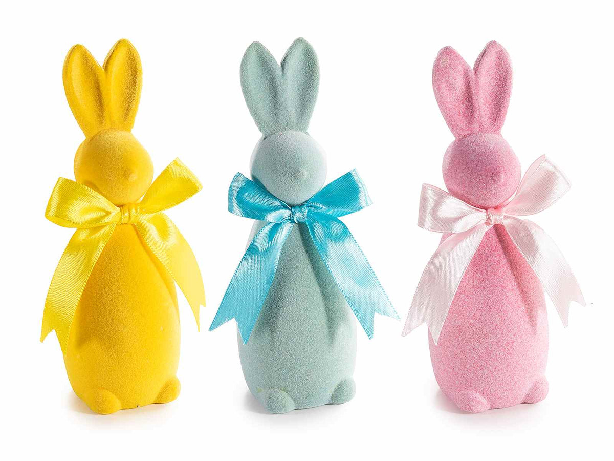 Conigli pasquali rivestiti in velluto colorato con fiocco in raso, set da 6 pezzi, cm 5 x 5 x 15 H