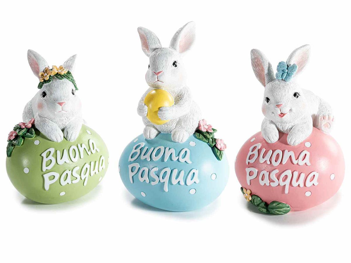 Uovo di Pasqua in resina colorata con coniglietto con fiorellini e farfalle, set da 3 pezzi, cm 12,5 x 10 x 19,5 H