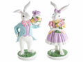 Coppia di conigli di Pasqua in resina colorata con abiti eleganti e decori, set da 2 pezzi, cm 11,5 x 8 x 22,5 H