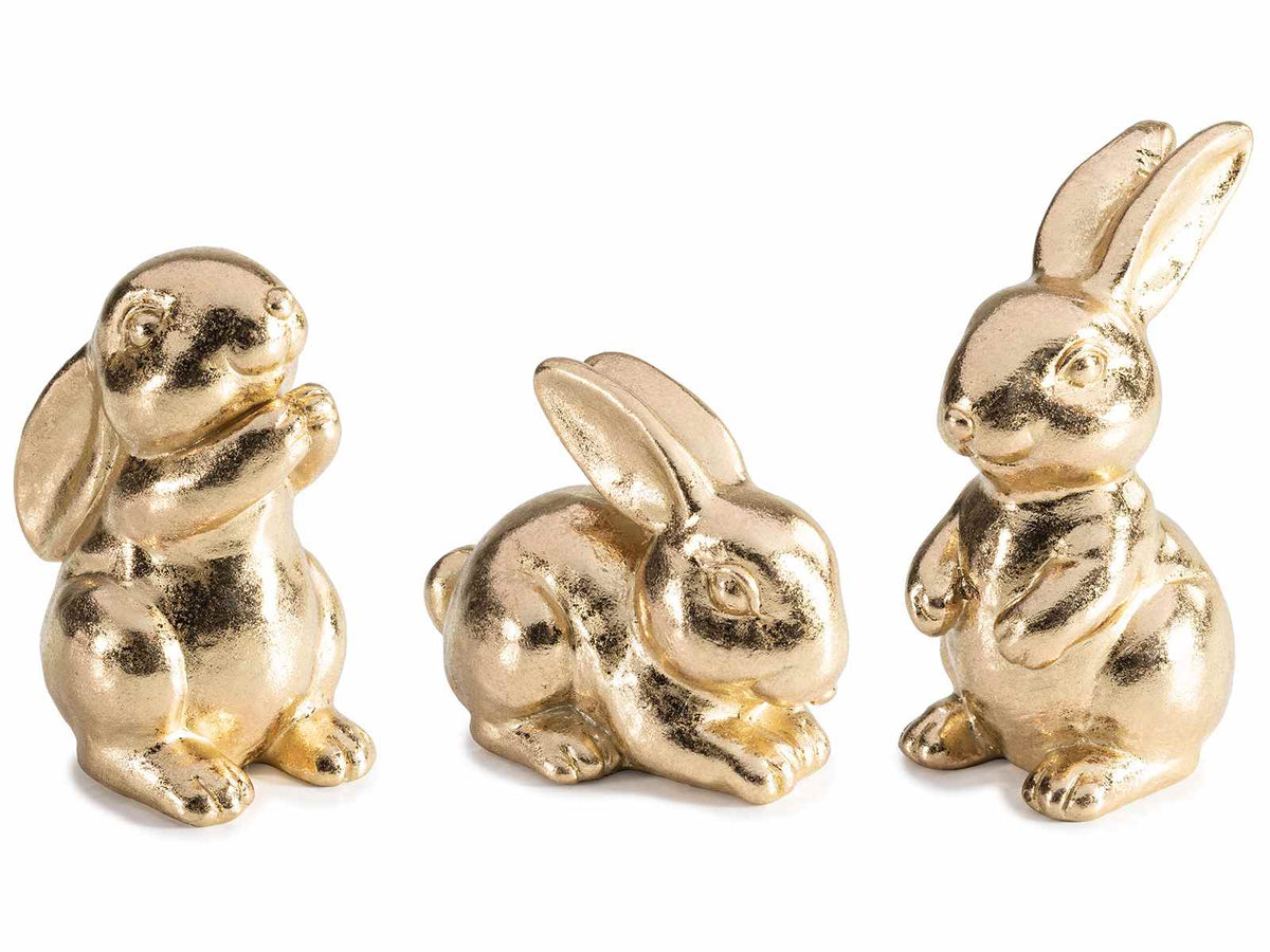 Coniglietti decorativi dorati realizzati in resina da appoggiare, set da 9 pezzi, cm 5,5 x 6 x 10 H