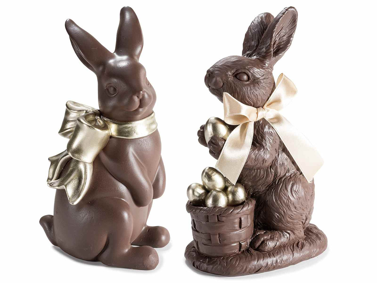 Coniglietti di Pasqua in resina ad effetto cioccolato con dettagli dorati, set da 2 pezzi, cm 11 x 9,5 x 20,5 H