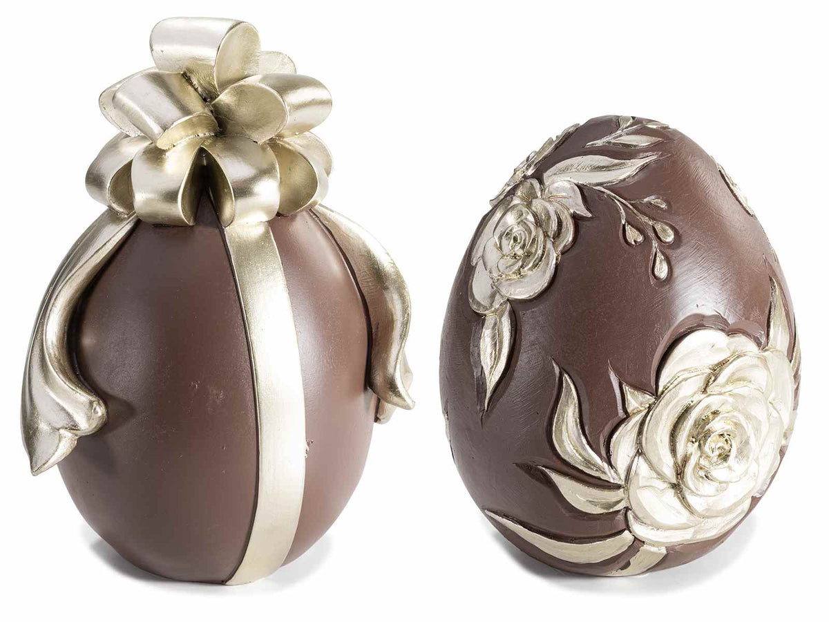 Uovo di Pasqua in resina colorata ad effetto cioccolato con dettagli dorati, set da 2 pezzi, cm 12,5 x 10,5 x 17,5 H