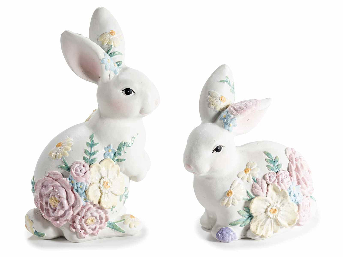 Coniglietti di Pasqua in resina con decori floreali colorati in rilievo, set da 6 pezzi, cm 7,5 x 5,5 x 12,5 H