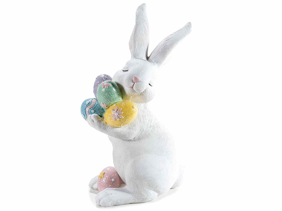 Coniglietti di Pasqua in resina bianca con uova colorate e decorate, set da 2 pezzi, cm 15 x 11,5 x 24,5 H