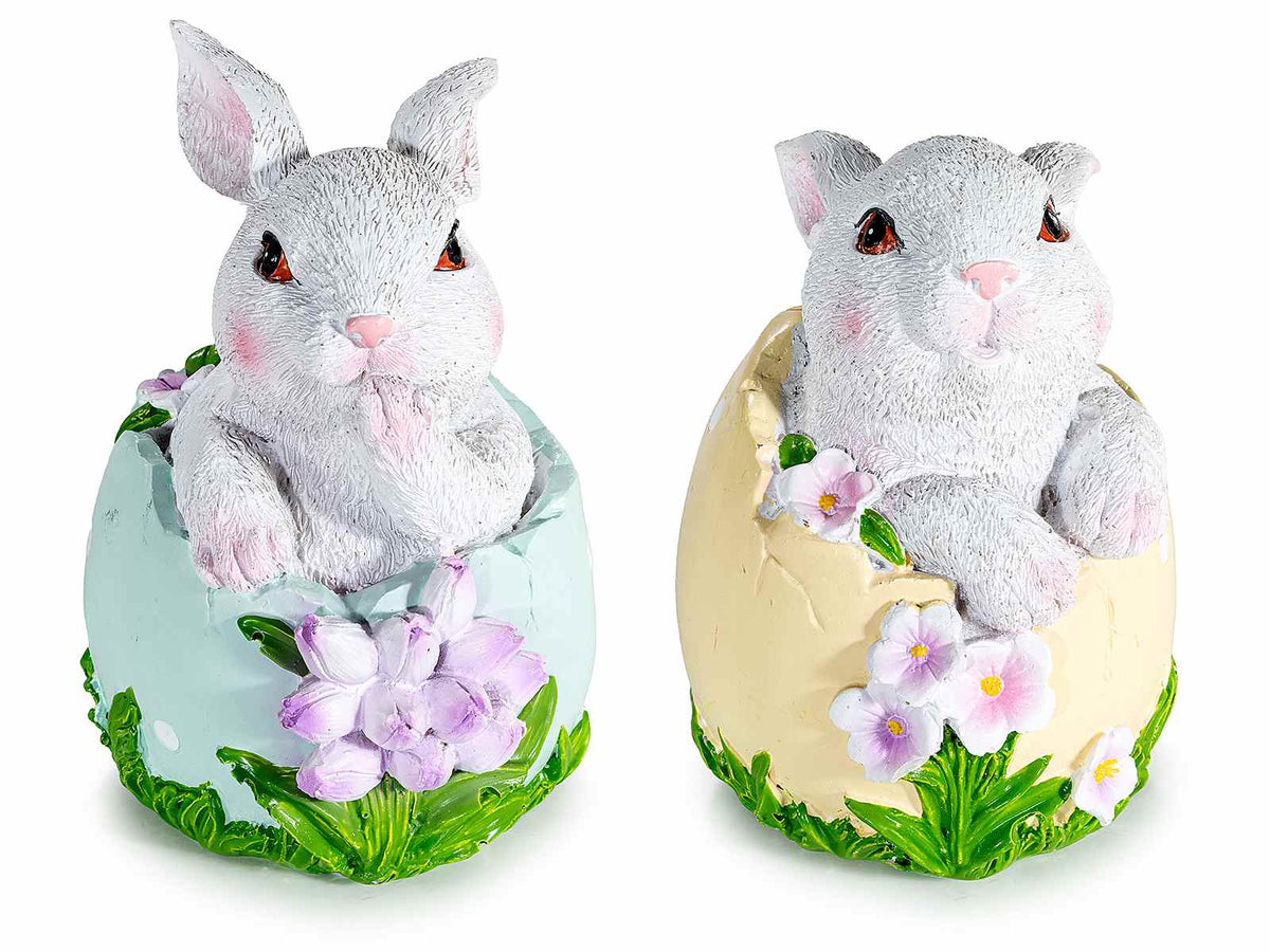 Conigli pasquali decorativi dentro uovo schiuso in resina colorata con fiori, set da 4 pezzi, cm 9 x 10 x 14 H