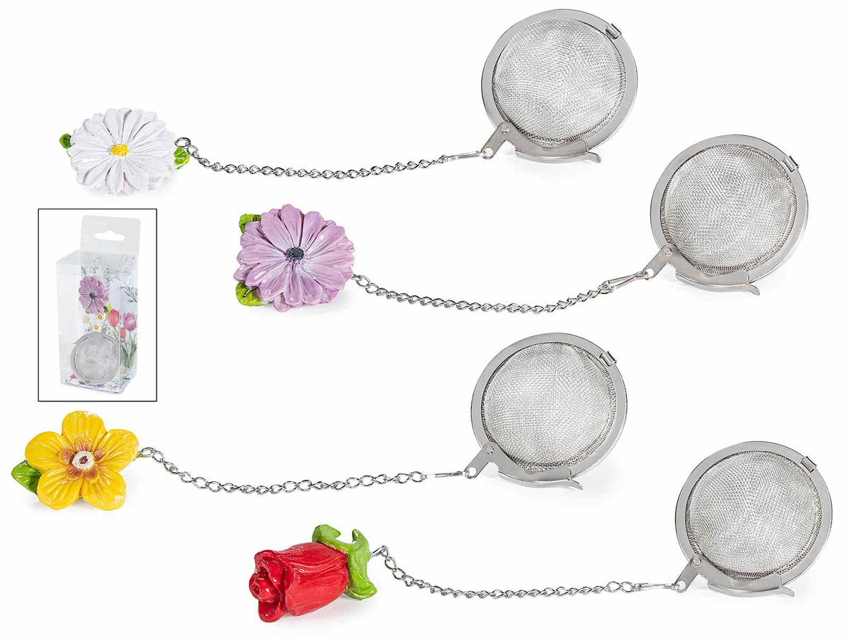 Infusori in acciaio inox alimentare con fiori colorati in resina in confezione, set da 8 pezzi, Fiore: cm 2,5 x 2 x 4 H