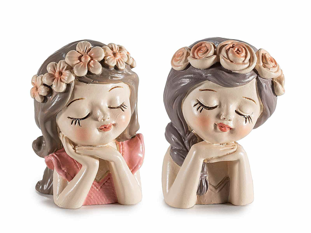 Bambine sognanti in resina con corona di fiori, ideale per bomboniera bimba, set da 12 pezzi, cm 3,5 x 3 x 5 H