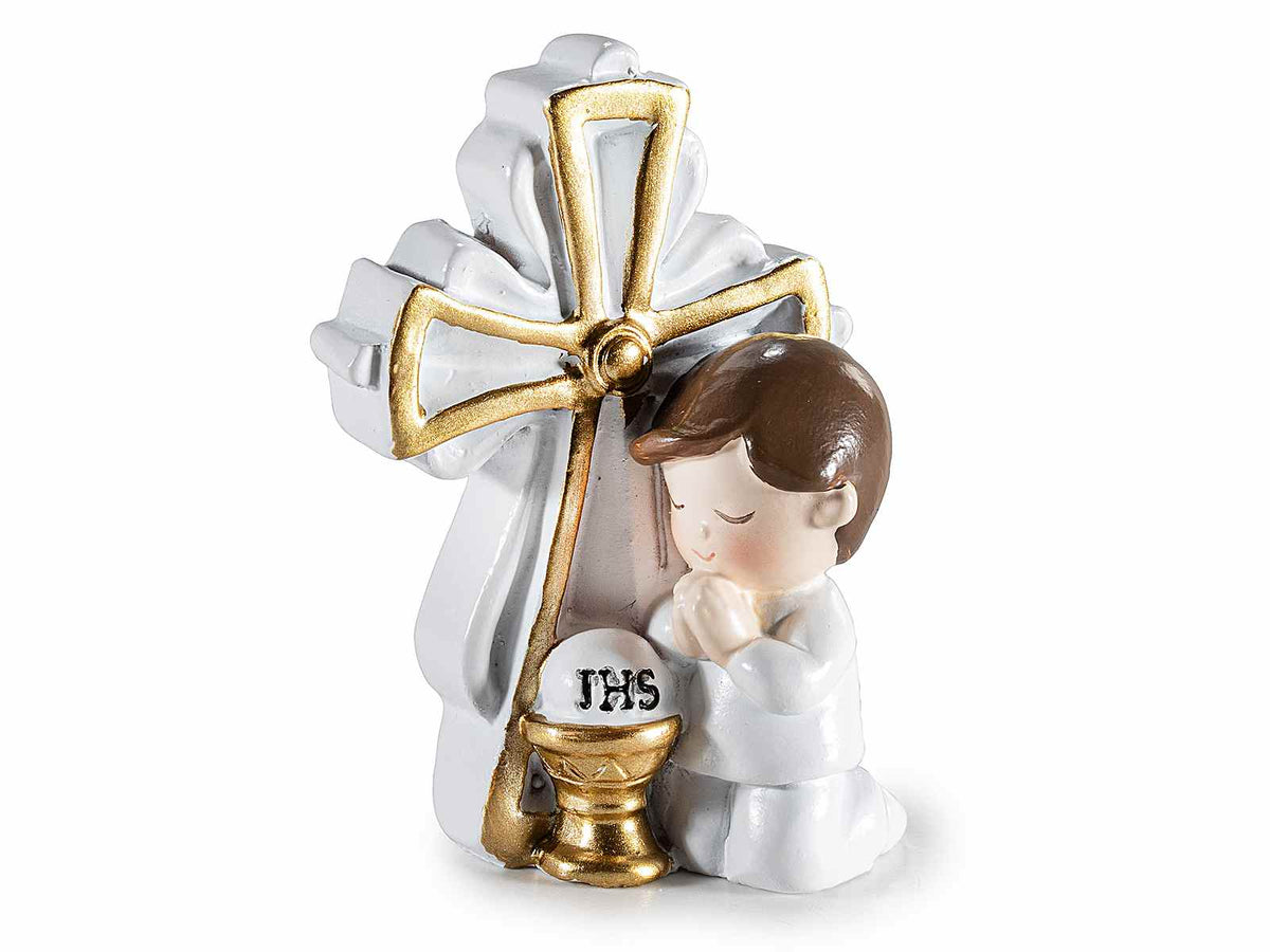 Decoro bomboniera bambino in resina con croce Comunione e decori dorati, set da 12 pezzi, cm 4 x 2,5 x 5,5 H