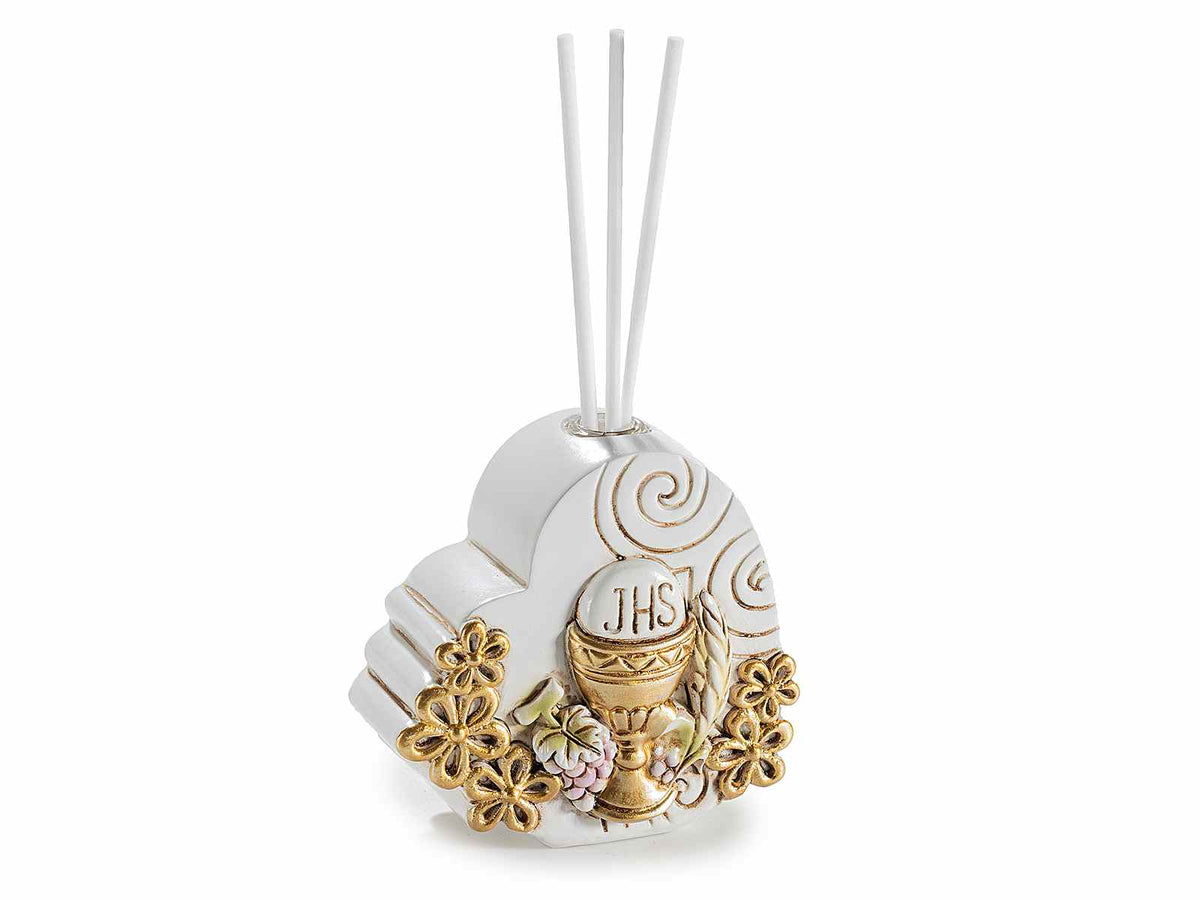 Cuori in resina per bomboniera Prima Comunione con vasetto e stick per profumare, set da 6 pezzi, cm 8,5x4x8 H (con stick 15,
