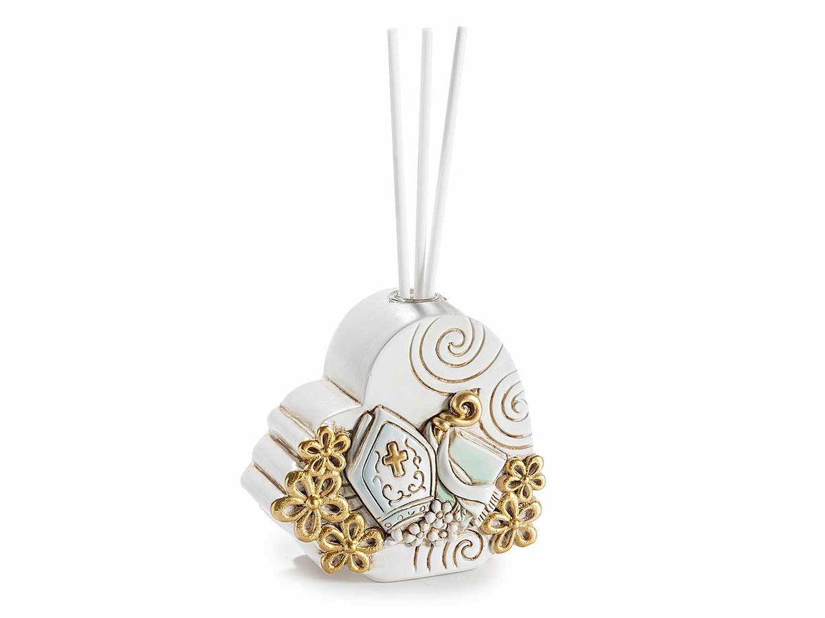 Cuori in resina per bomboniera Cresima con vasetto e stick per profumare, set da 6 pezzi, cm 8,5x4x8 H (con stick 15,5)