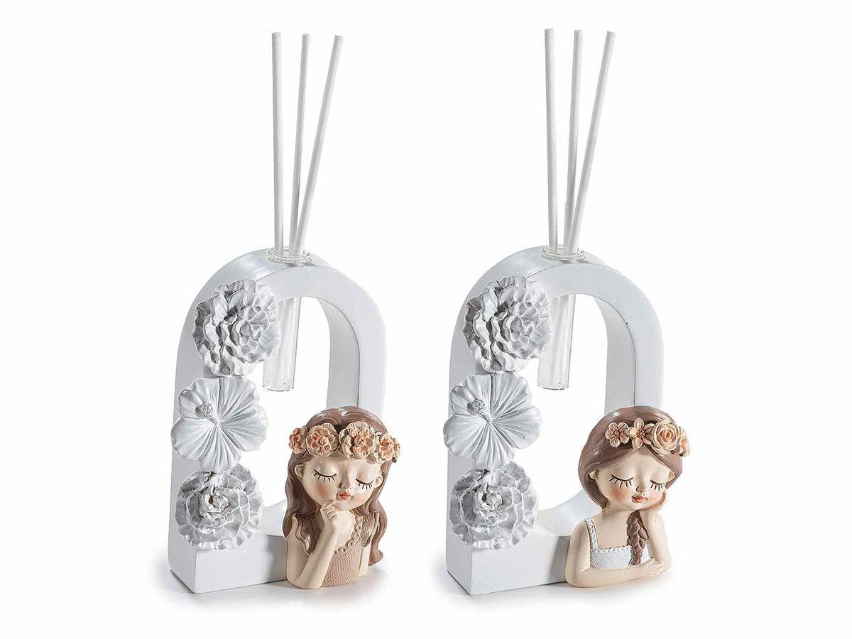 Profumatore ad arco di fiori in resina con bimba con corona floreale e stick, set da 6 pezzi, cm 9x4x12 H (con stick19,5)