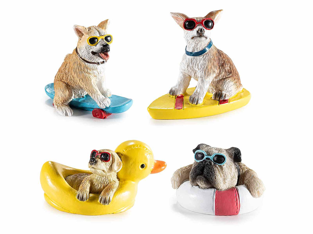 Miniature cagnolini decorativi in resina con occhiali da sole e accessori mare, set da 16 pezzi, cm 5 x 2,5 x 4,5 H