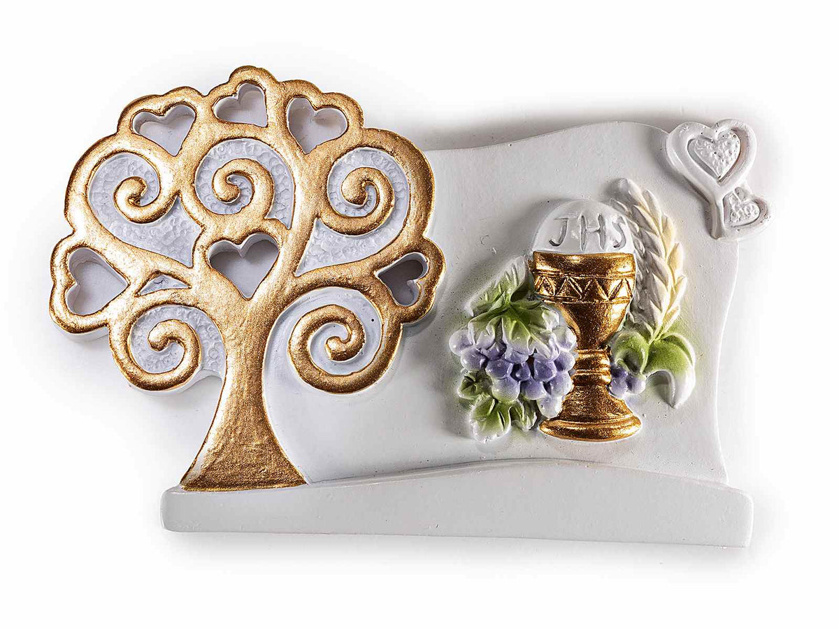 Magneti / Calamite bomboniera Prima Comunione in resina con simbolo Albero, set da 16 pezzi, cm 8,5 x 5,5 H