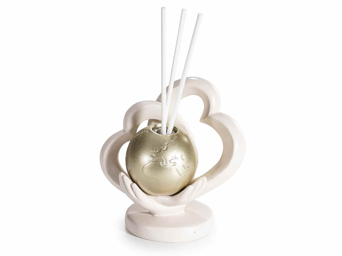 Profumatore a mappamondo dorato in resina con cuori e stick per profumare, set da 4 pezzi, cm10x6,5x10,5H (con stick16)