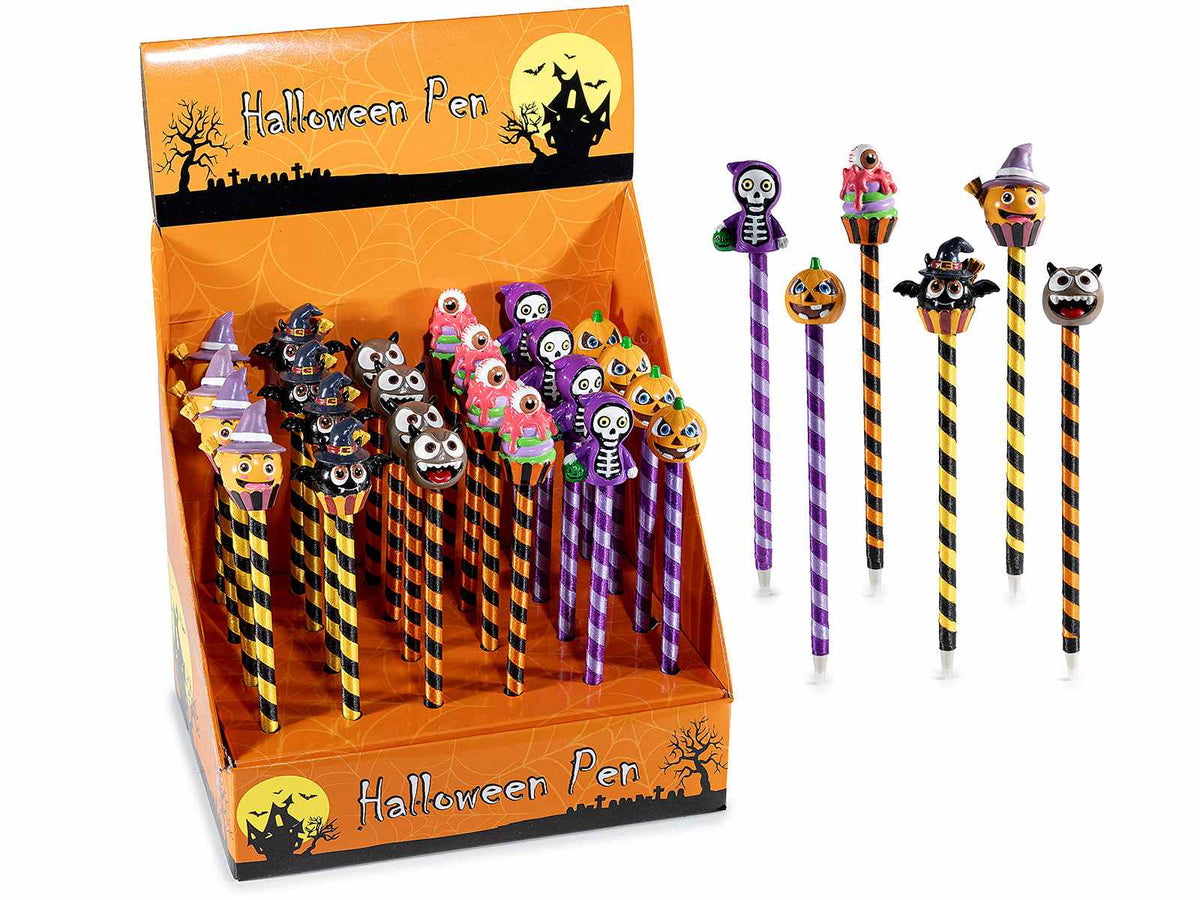 Penne a sfera con personaggio Halloween, in espositore da 24 pezzi, set da 24 pezzi, cm 19 H - Inchiostro: nero