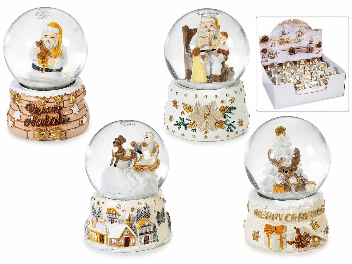 Palle a neve con glitter e decorazioni con soggetti natalizi e base in resina, set da 12 pezzi