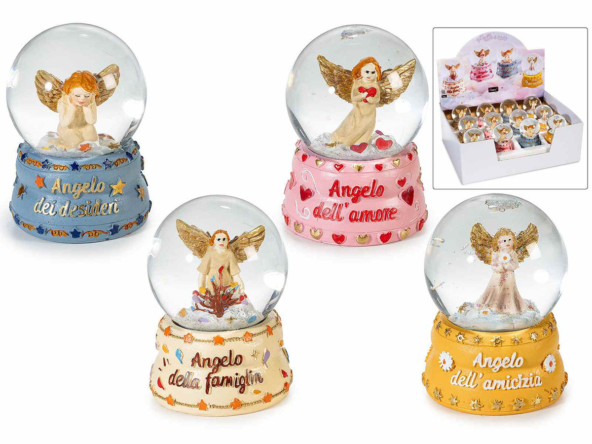 Palle a neve con glitter con decorazioni angioletti e base in resina, set da 12 pezzi