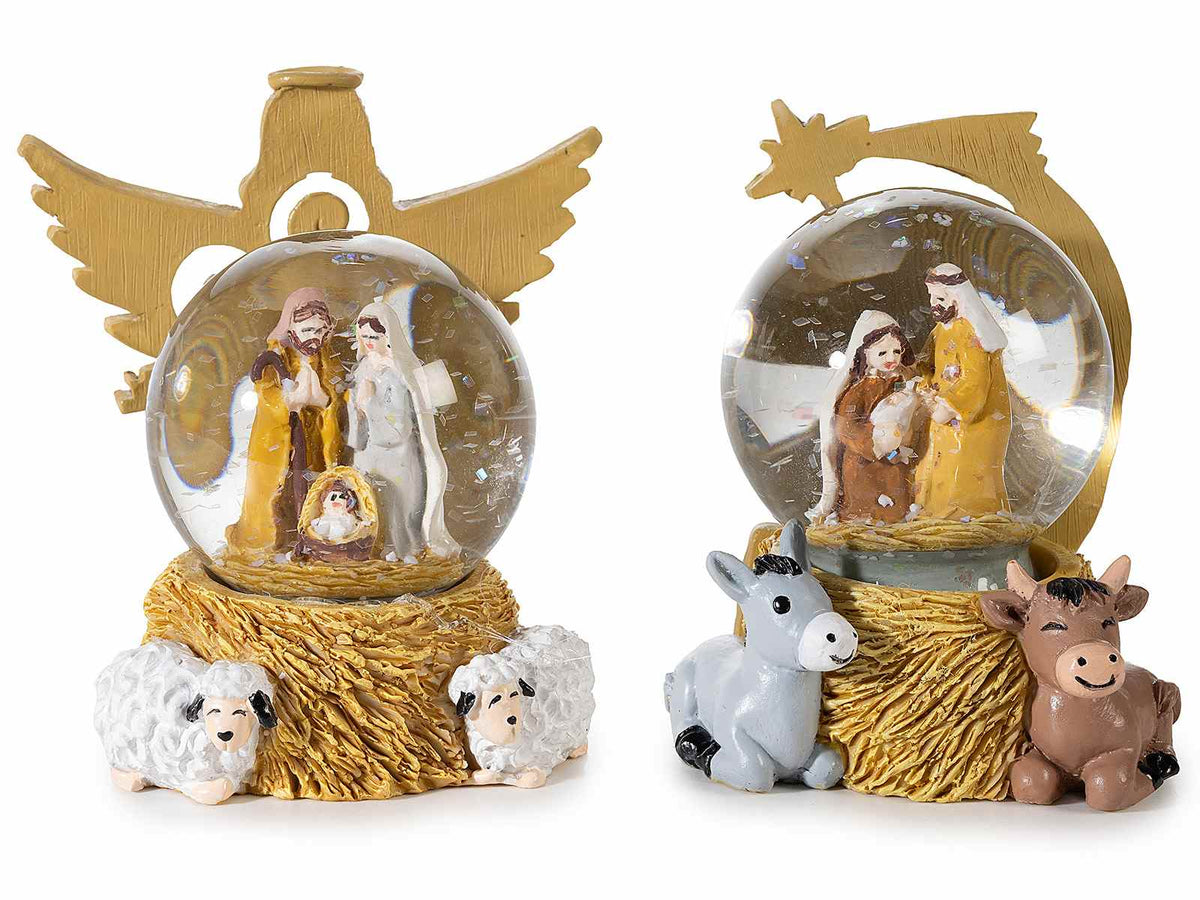 Palle a neve con glitter sagomata a presepe e base con decori a tema in resina, set da 4 pezzi