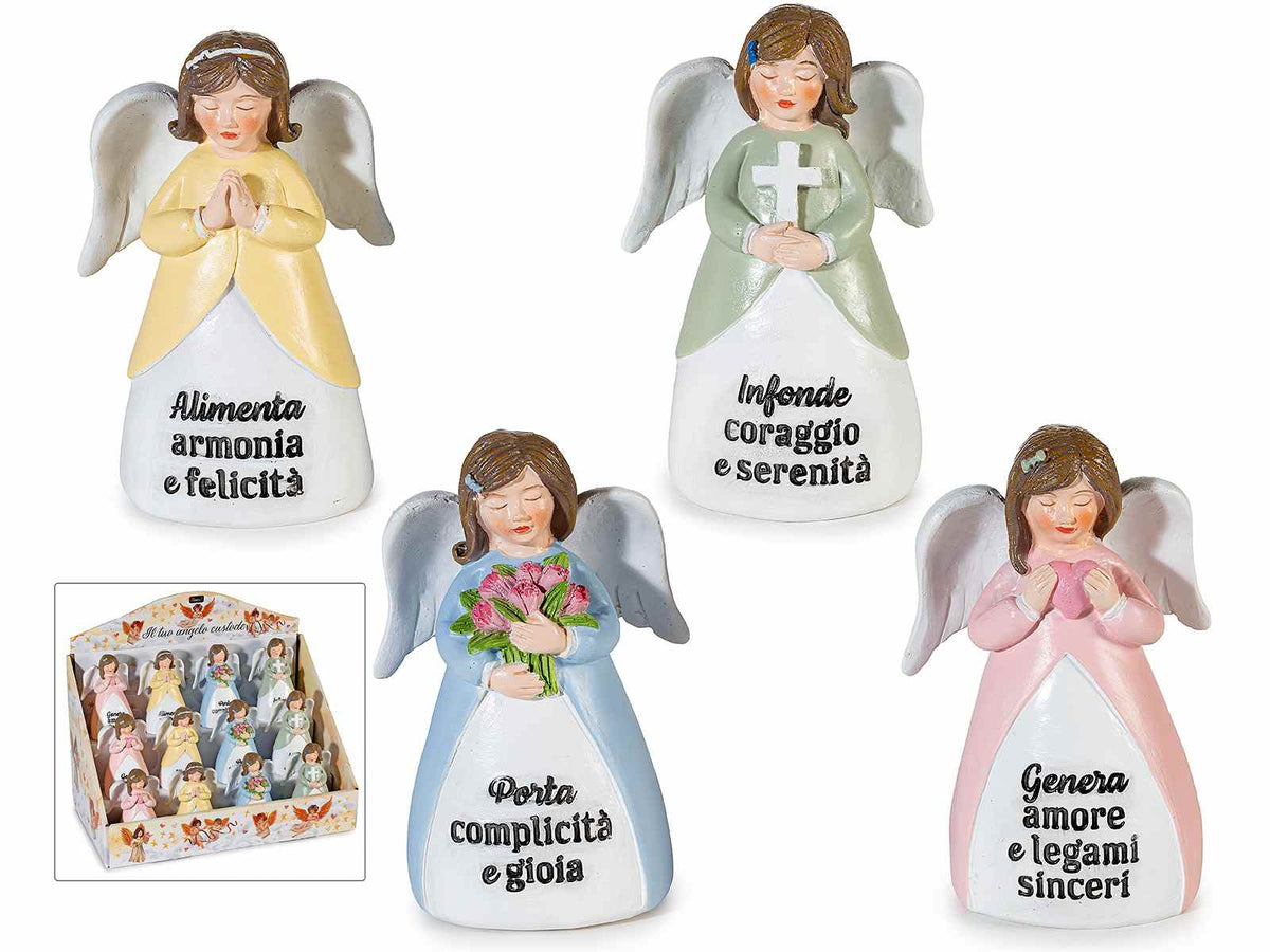 Angioletti decorativi in resina colorata con messaggio inciso in espositore, set da 12 pezzi, cm 7 x 5 x 11 H
