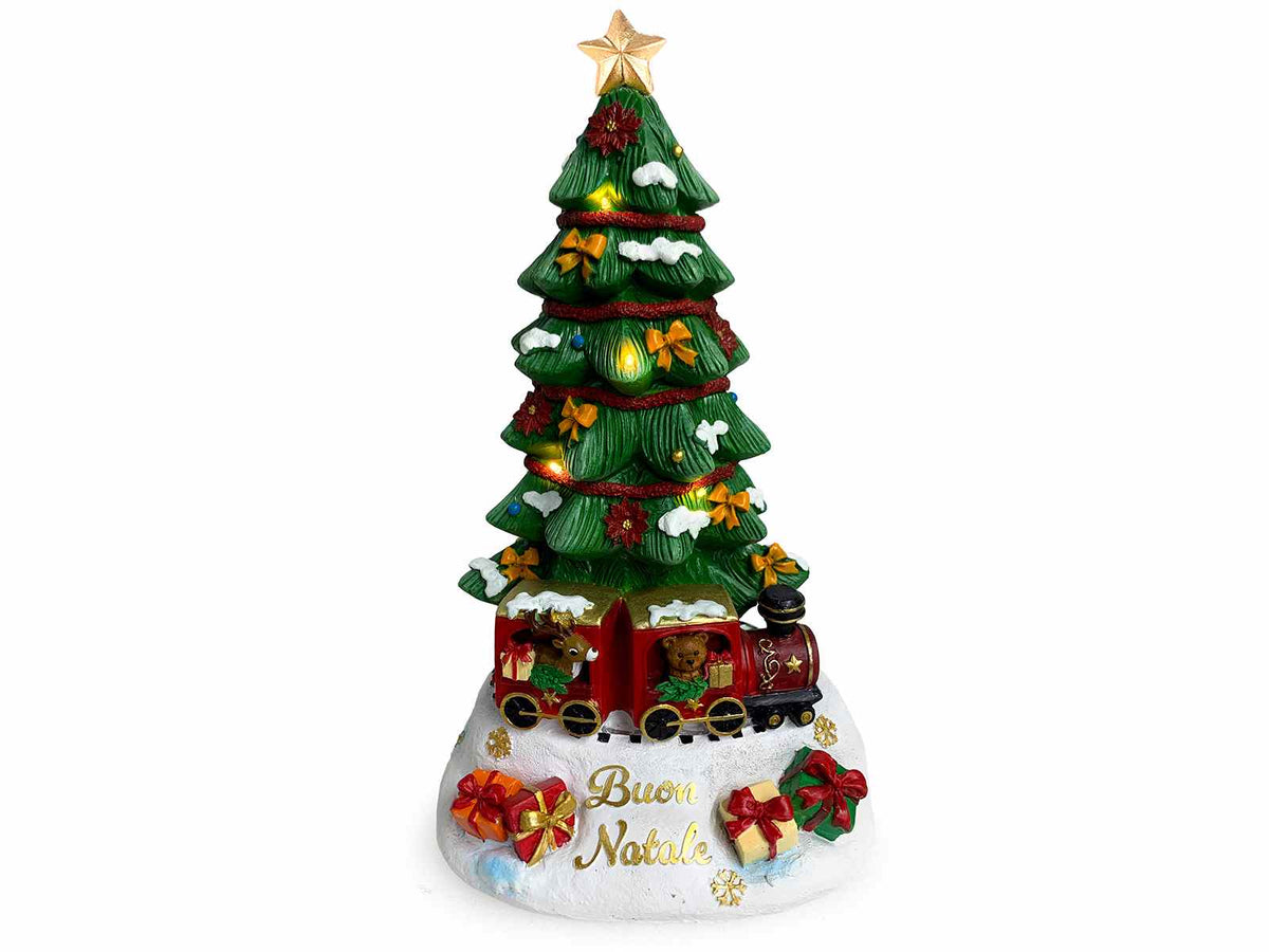 Albero di Natale in resina con stella, trenino, luci, musica e scritta Buon