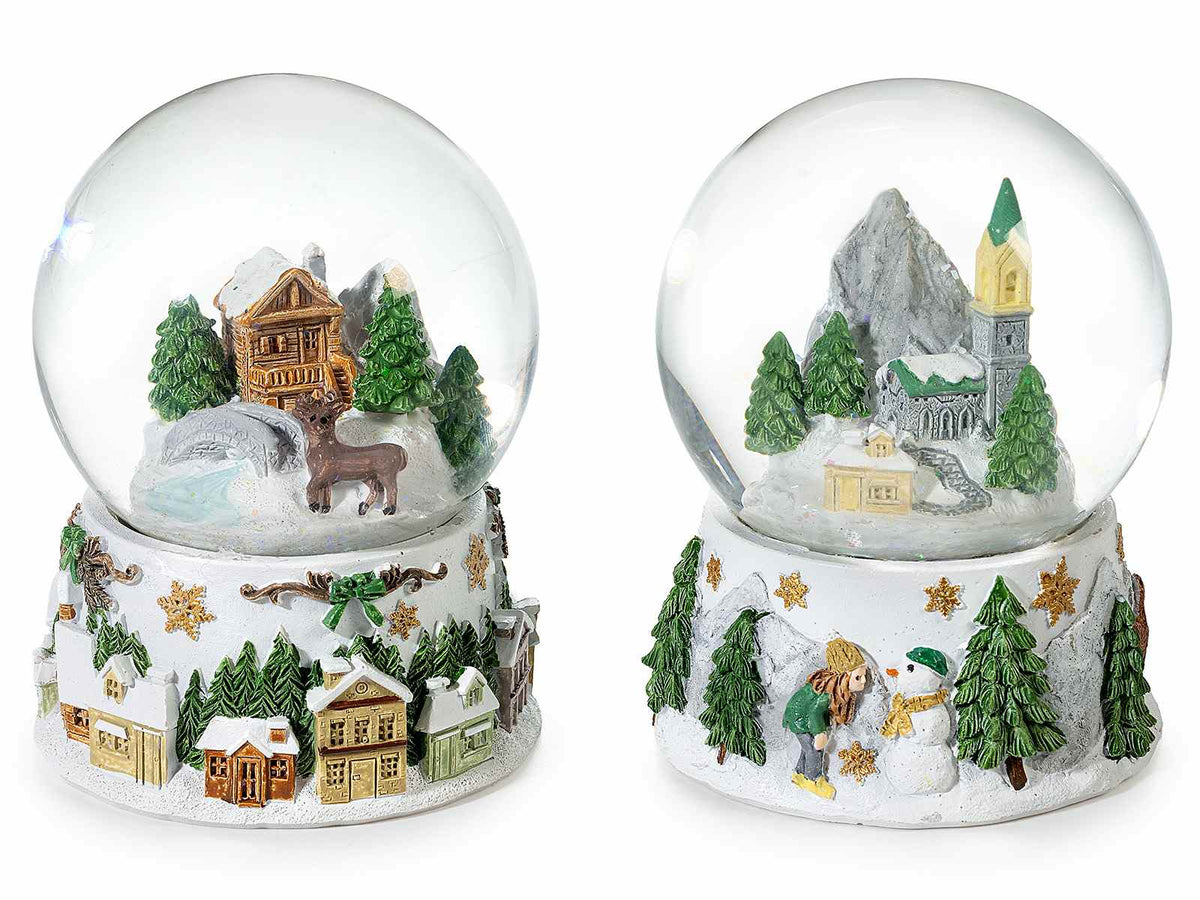 Palle a neve con glitter e decorazioni con paesaggio natalizio innevato e base, set da 2 pezzi