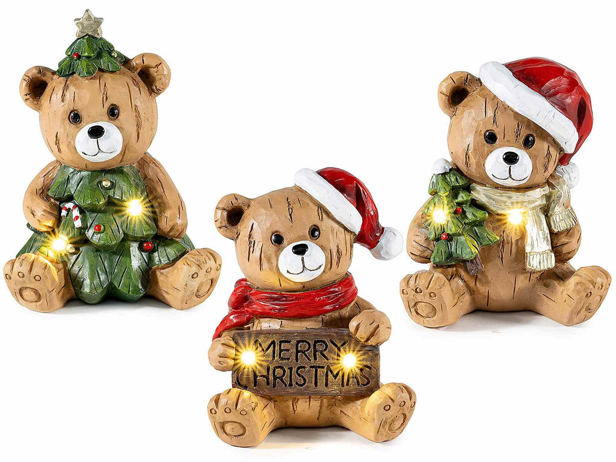 Orsetti di Natale in resina con decori e luci, da appoggiare, set da 3 pezzi