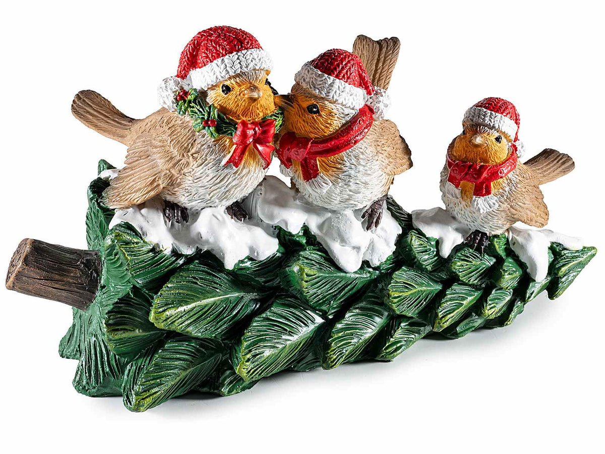 Decoro di Natale ad uccellini natalizi su albero innevato in resina da appoggiare, cm 20,5 x 8,5 x 11,5 H