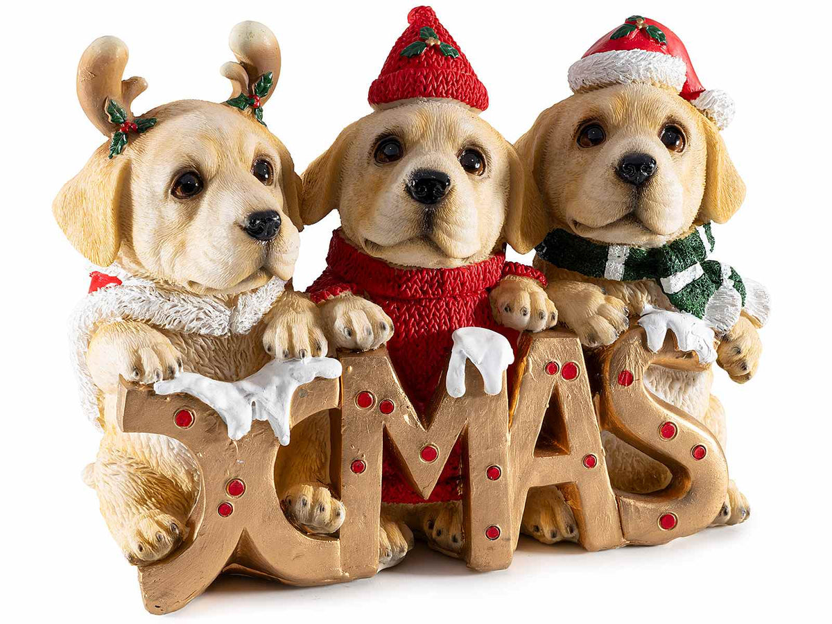 Decorazione cagnolini di Natale in resina da appoggiare con scritta Xmas, cm 24,5 x 9 x 18 H