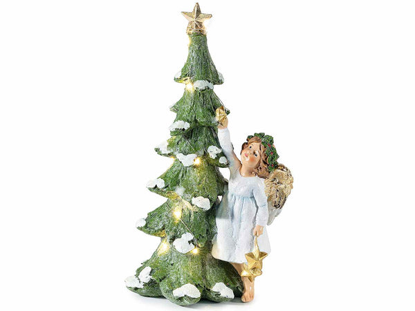 Decorazioni natalizie ad angelo che addobba Albero di Natale in resina con luci, cm 17 x 14,5 x 31,5 H