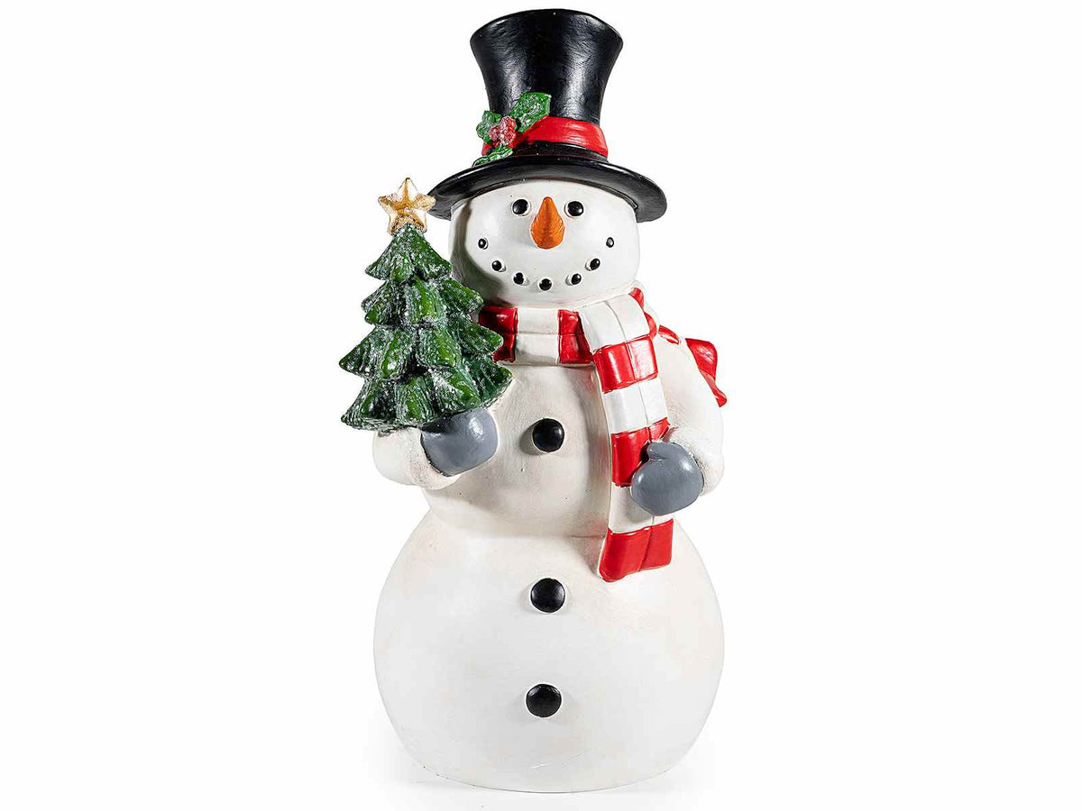 Pupazzi di neve decorativi con cappello, sciarpa e albero in resina, cm 12 x 12 x 23,5 H