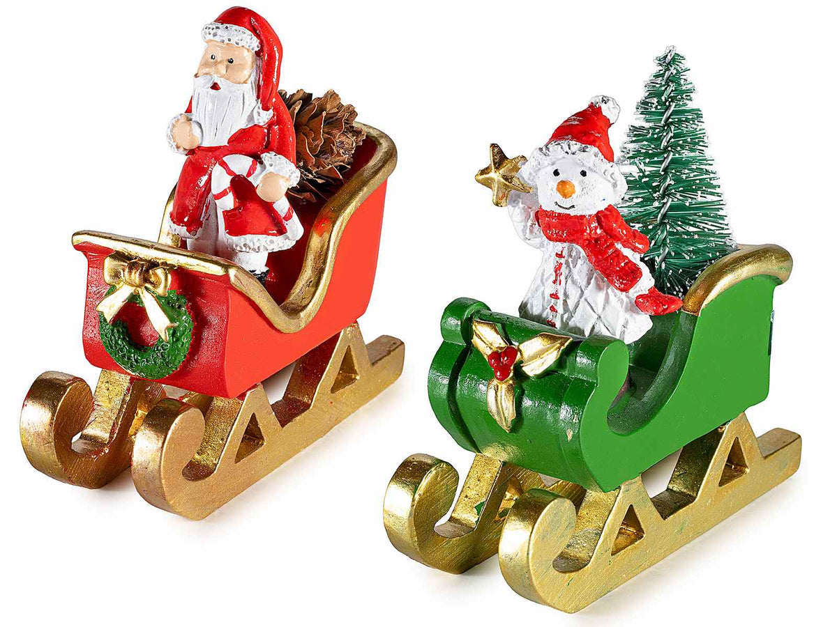 Babbo Natale e pupazzo di neve su slitta in resina con decorazioni dorate, set da 4 pezzi, cm 3,5 x 8 x 9 H
