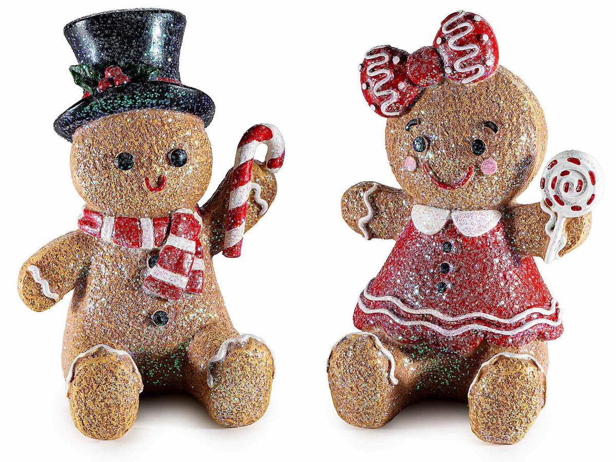 Set di 2 coppia di biscottini pan di zenzero in resina seduti con dettagli glitter effetto neve e decorazioni, cm 10 x 10 x 13,5 H