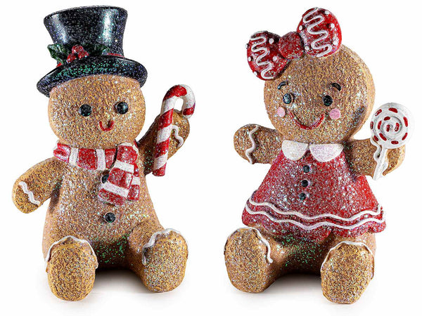 Set di 2 coppia di biscottini pan di zenzero in resina seduti con dettagli glitter effetto neve e decorazioni, cm 10 x 10 x 13,5 H