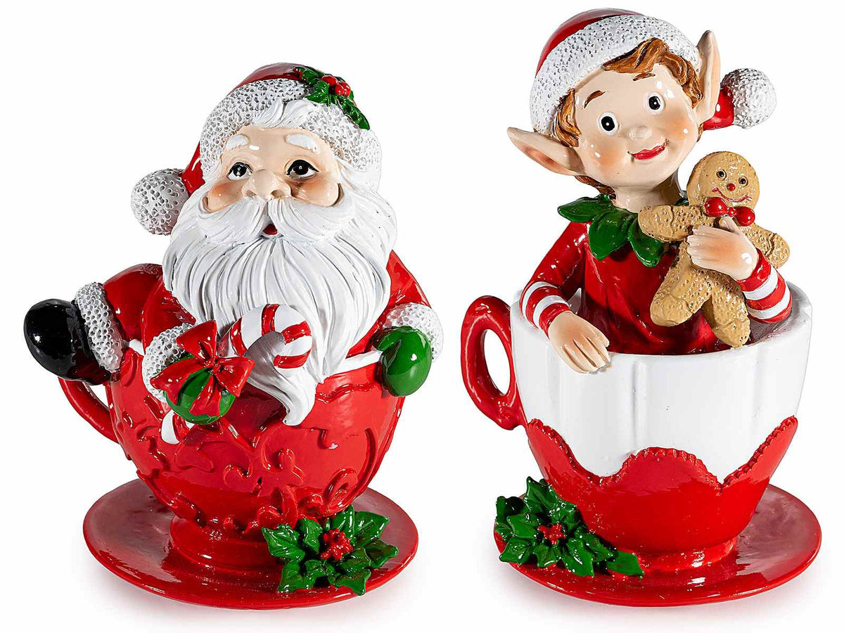 Decorazioni natalizie in resina con Elfo e Babbo Natale in tazza, set da 2 pezzi, cm 9 x 8,5 x 14,5 H