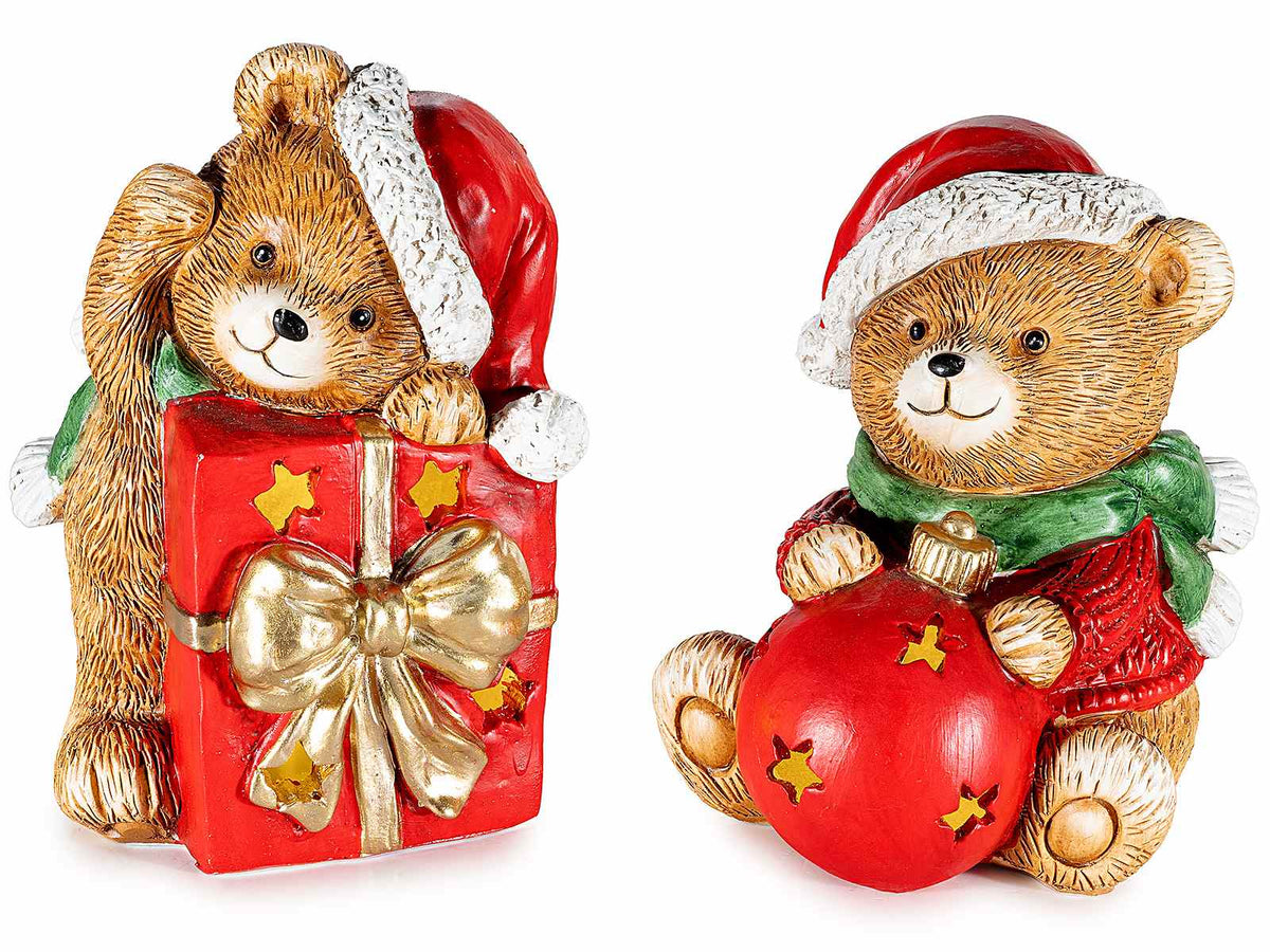 Orsetti natalizi in resina con pallina e pacchetto di Natale, cappello e luci LED, set da 2 pezzi, cm 10,5 x 11 x 16,5 H