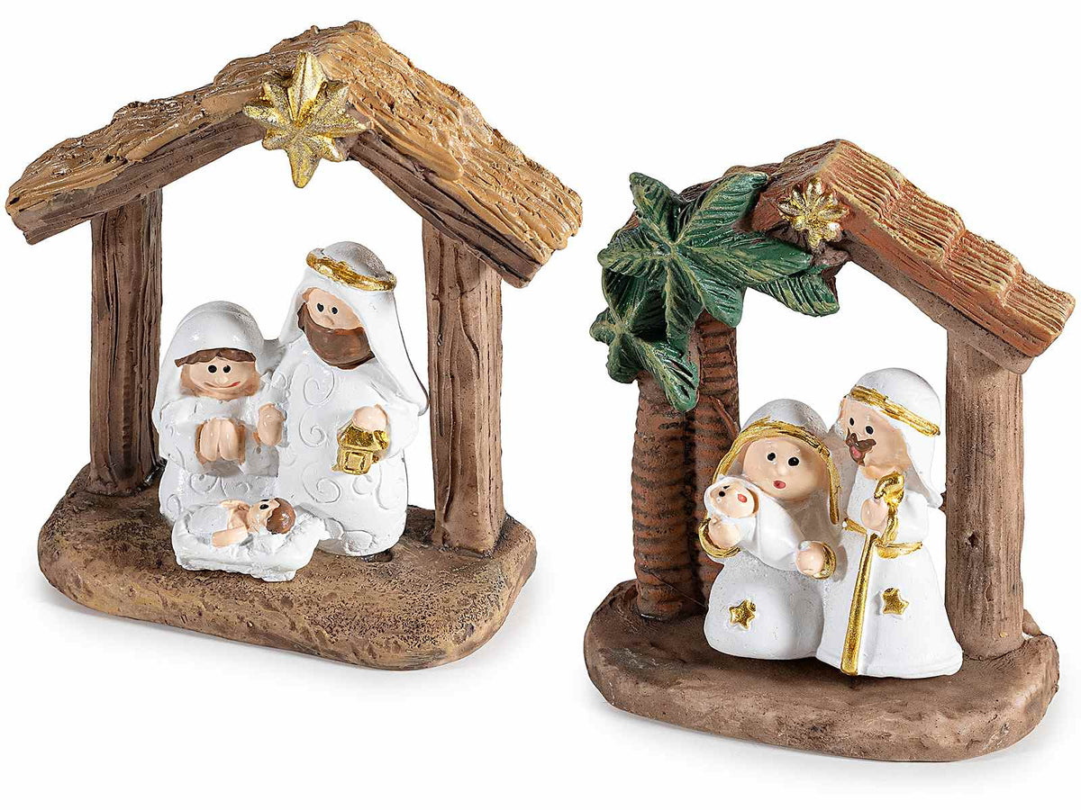 Statuine Presepe Sacra Famiglia realizzate in resina colorata, da appoggiare, set da 6 pezzi, cm 7 x 2,5 x 7 H