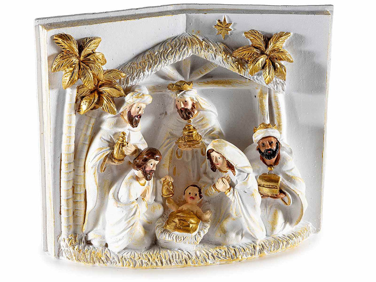 Scena Presepe / Sacra Famiglia decorativa in resina con dettagli dorati, set da 4 pezzi, cm 13 x 4,5 x 10,5 H