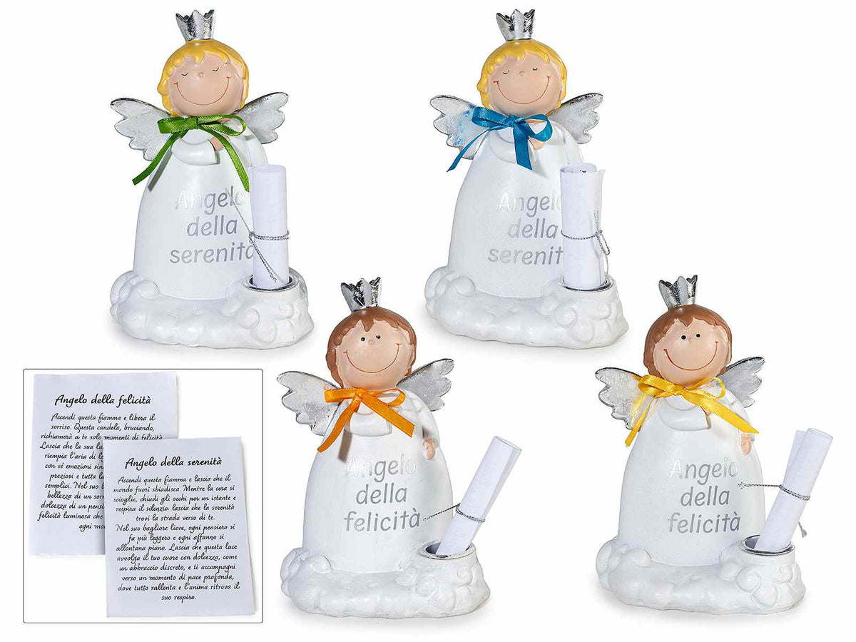 Porta candele in resina con angioletto e decori argento, set da 4 pezzi, cm 11 x 11,5 x 17 H