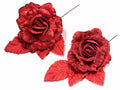 Rose rosse pick artificiali in stoffa con glitter, set da 12 pezzi, cm 12 H (con gambo22)